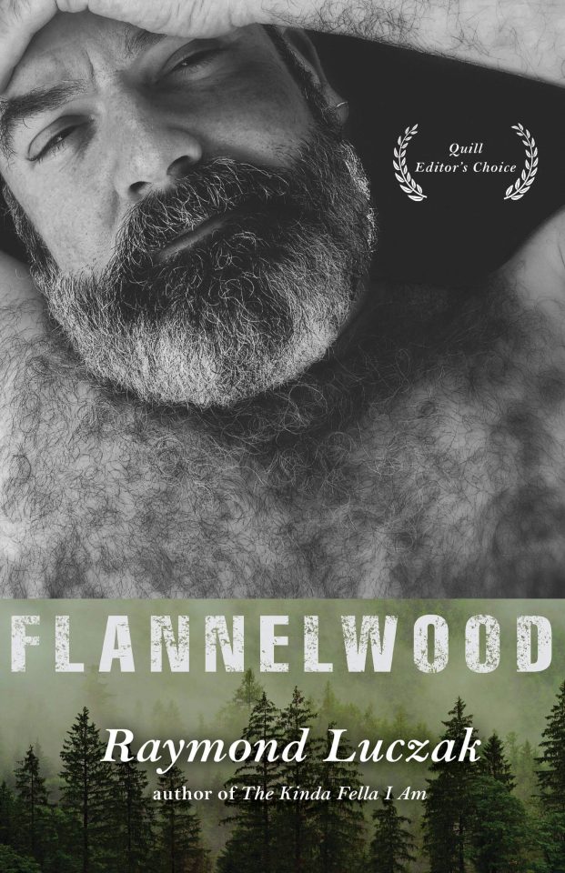 Book cover of Flannelwood, with a black and white image of a handsome man with a salt and pepper beard and a furry chest, above an image of green forest trees