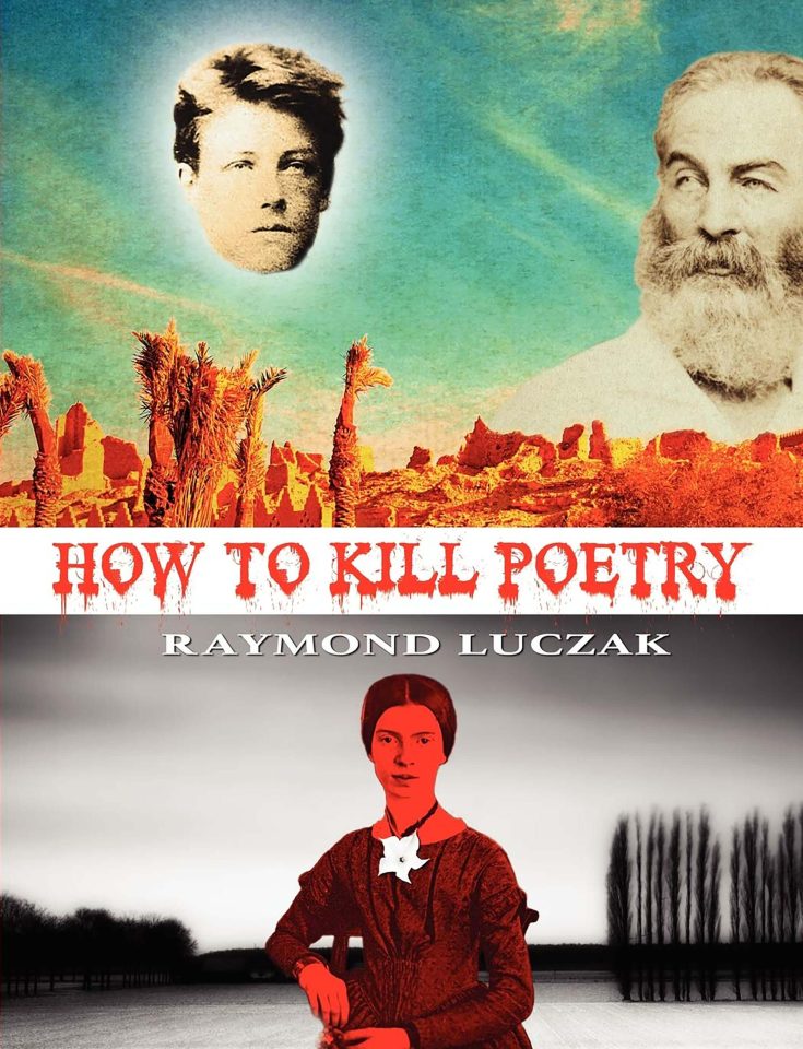 Two horizontal images bisect the cover: On top is a garish desert scene showing just the head of a young white man glowing almost like a sun while an older bearded white man looks on. The middle white stripe shows the title HOW TO KILL POETRY in red. Below the white stripe is a black-and-white tranquil landscape with a white woman from late 1800s, tinted in red save for a white flower at her neck, sitting and looking directly at us.
