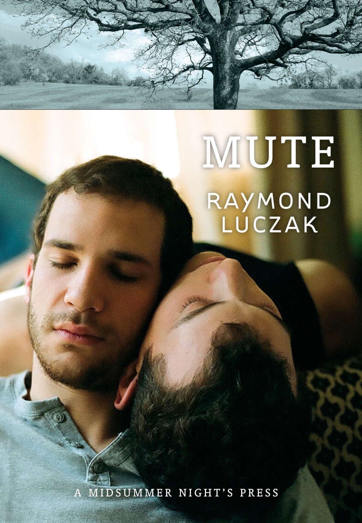 The cover shows two photographs: A panoramic shot of a gnarly tree in the foreground against a manicured lawn far into the distance; the black-and-white photograph is tinted in a light teal. Below it is a pair of young men closing their eyes and resting their heads against each other off the edge of a sofa. The wall to the right shows the title and author's name in white: MUTE | RAYMOND LUCZAK. Near the bottom of the image says A MIDSUMMER NIGHT'S PRESS.