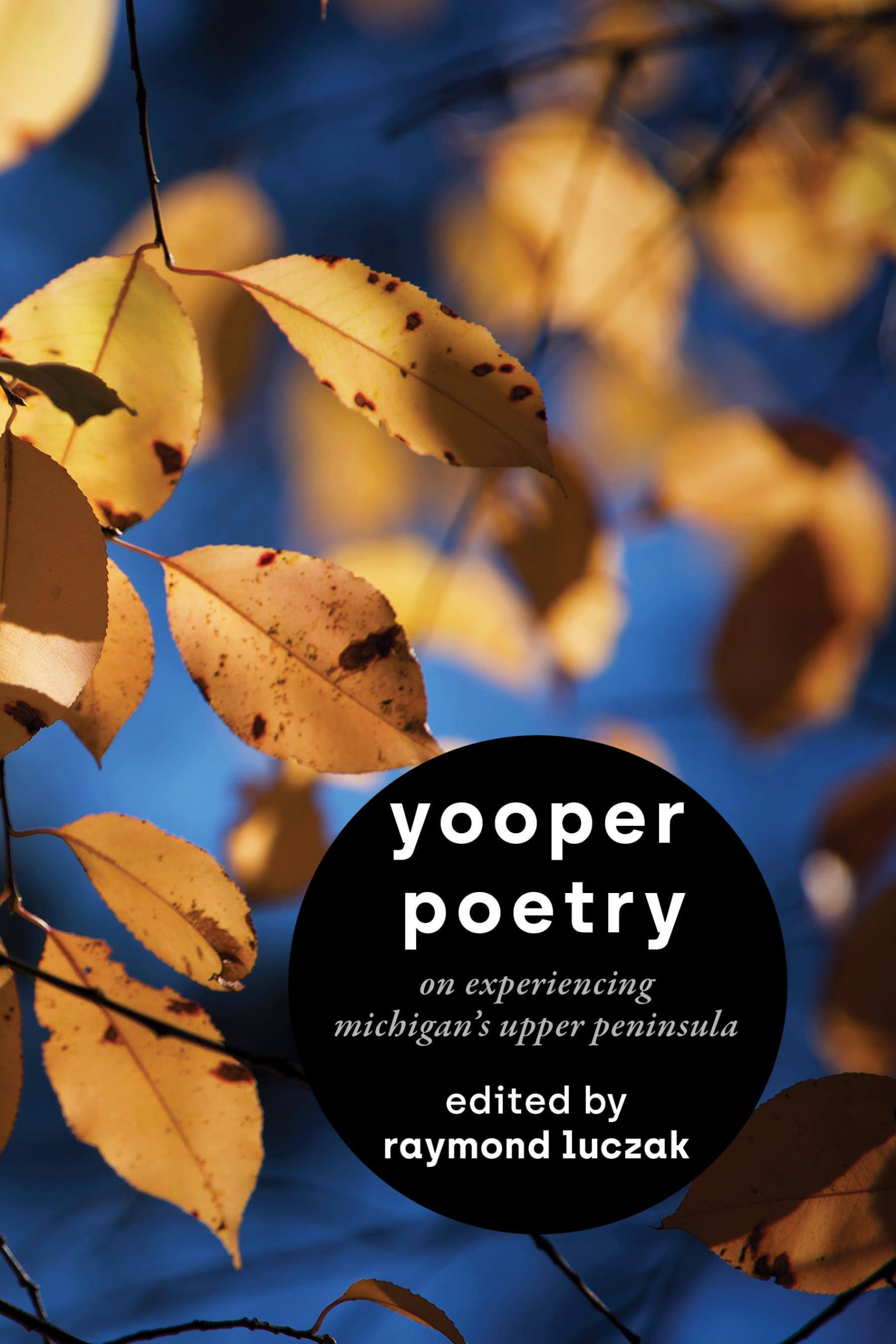 From the left side of the book cover, some yellow oval leaves with brown spots hang closely to us. In the short distance, more such leaves hang against a bold blue sky. All leaves are mottled in a mix of bright sunlight and shadow. On the lower right corner is a large black circle with the title in white (YOOPER POETRY), its subtitle in gray (ON EXPERIENCING MICHIGAN’S UPPER PENINSULA), and its editor’s name in white (EDITED BY RAYMOND LUCZAK).